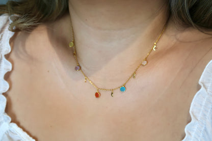 Mixed Colour Crystal Choker Necklace,  With Natural Gems Disk Charms.