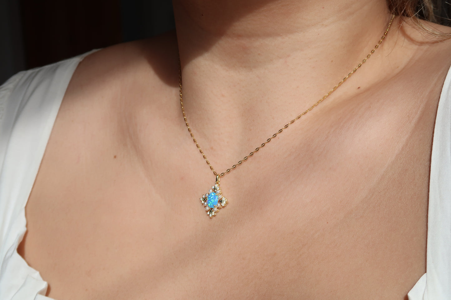 Blue Opal With Tiny Pearl Necklace