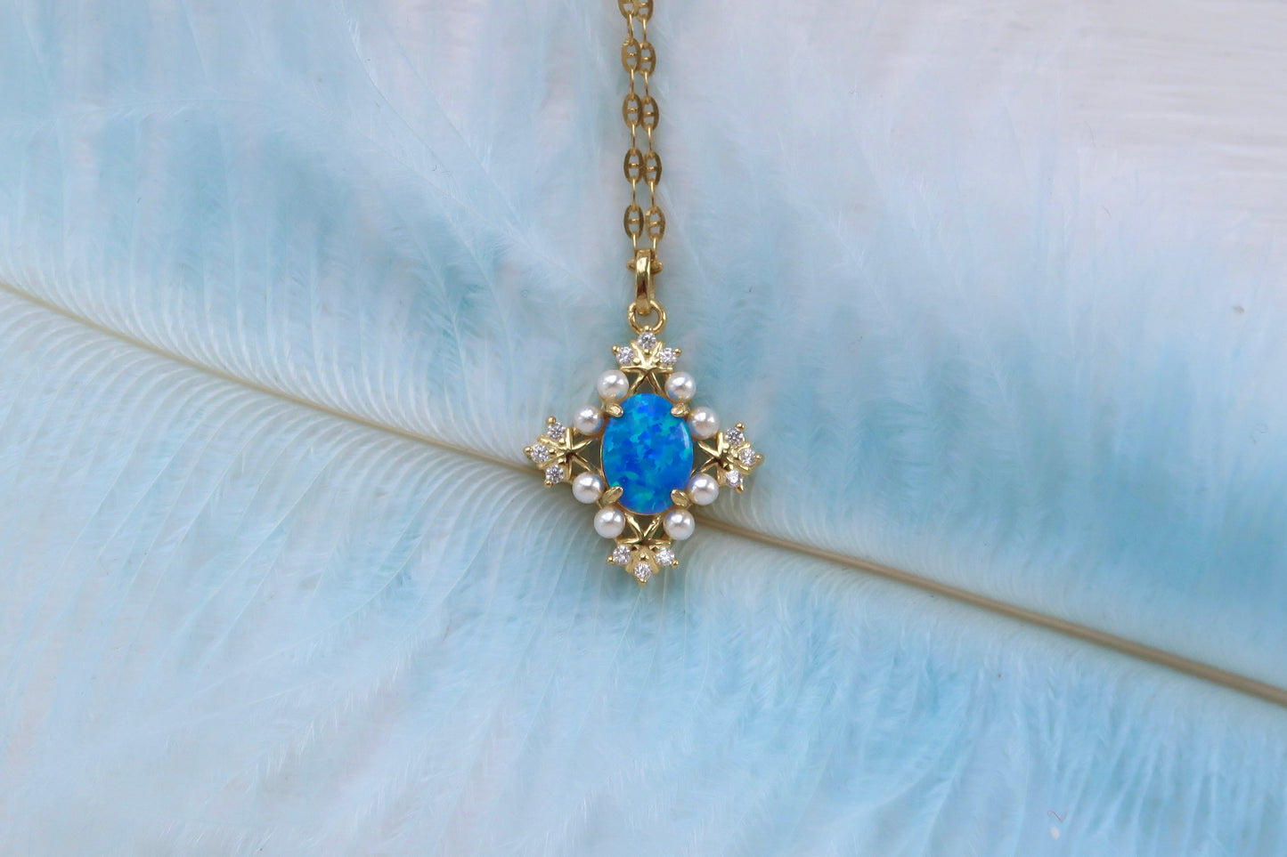 Blue Opal With Tiny Pearl Necklace