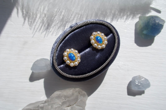 Blue Opal And Pearl Stud Earrings