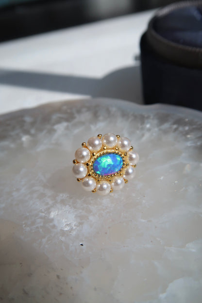 Blue Opal And Pearl Stud Earrings