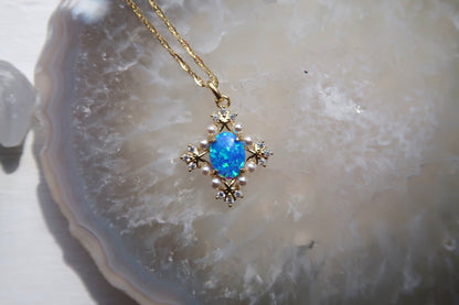 Blue Opal With Tiny Pearl Necklace