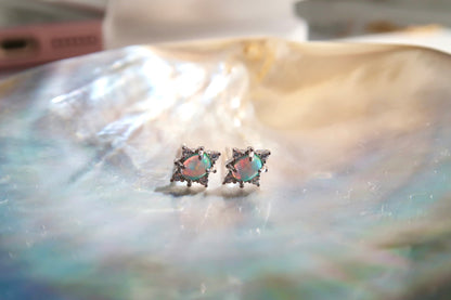 Tiny Fire Opal Rhombus Stud Earrings