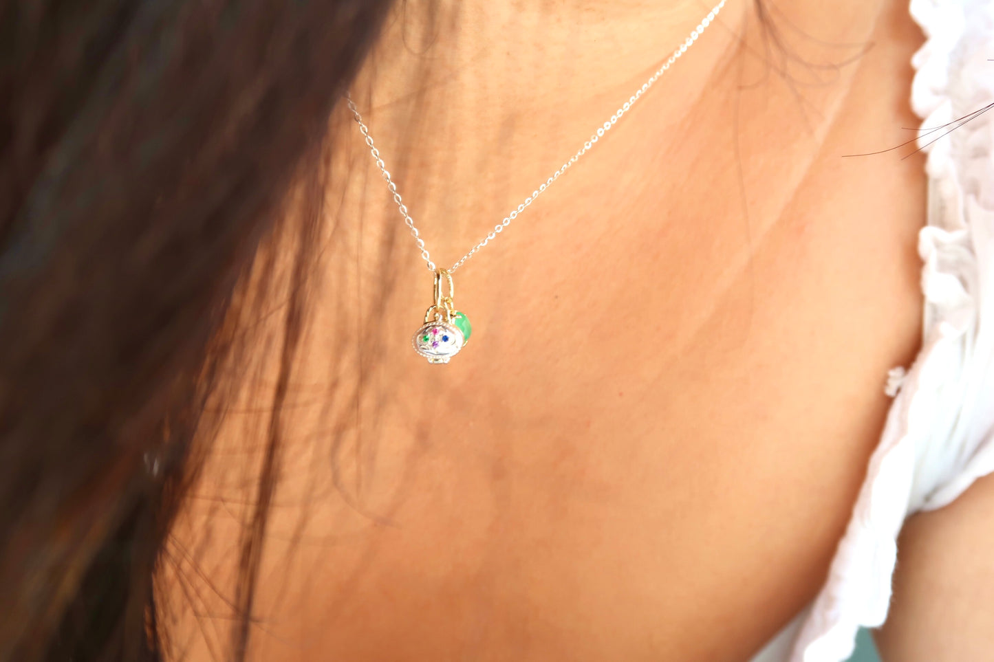 Little Silver Bag Necklace With Natural Gem