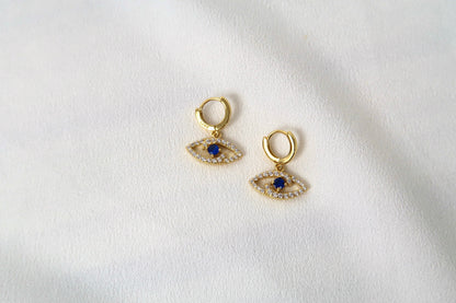 14k Gold Deep Blue Eye Hoop Earrings